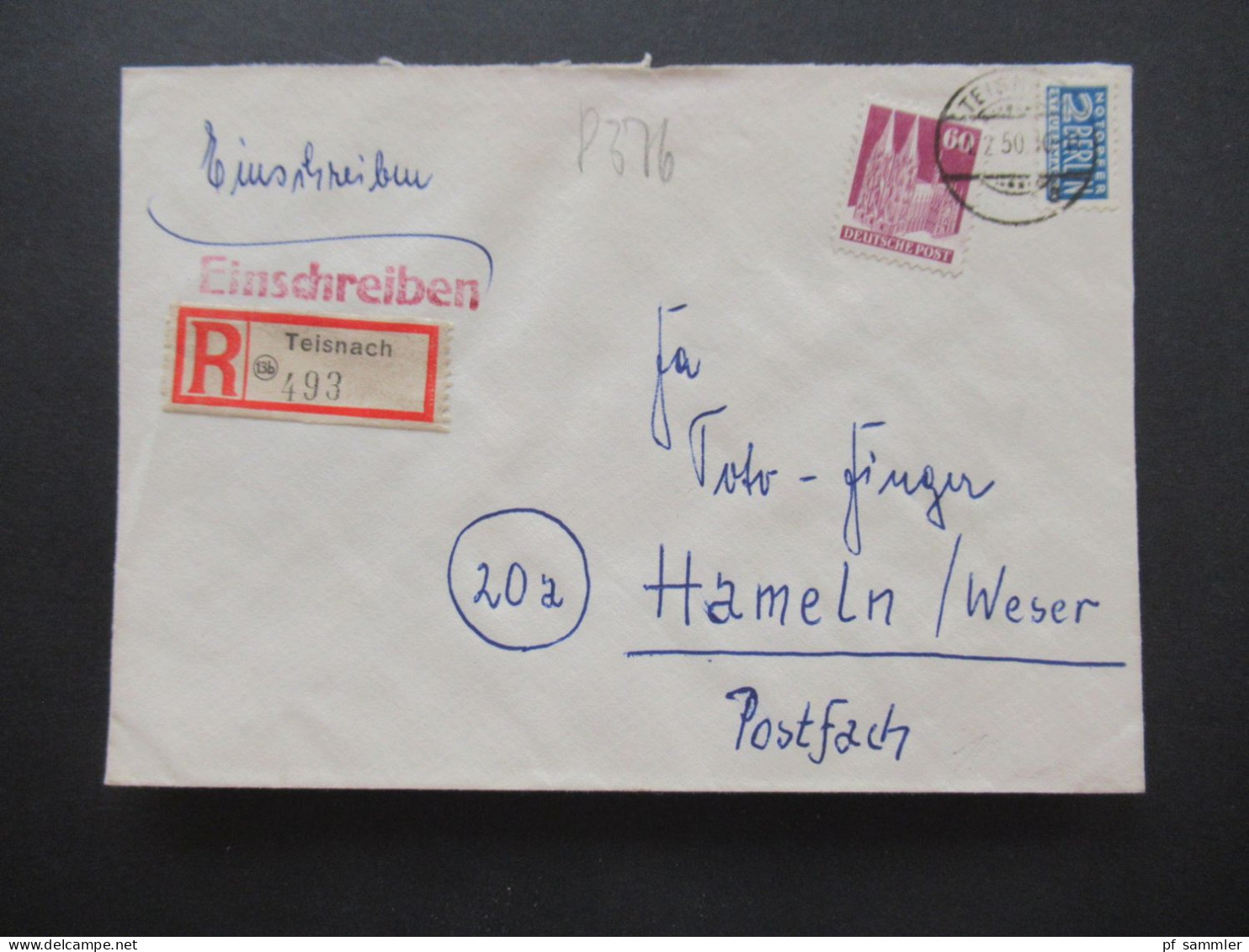 1950 Bizone Bauten MiF Nr.93 EF Mit Notopfermarke Einschreiben Teisnach Nach Hameln Weser Mit Ank. Stempel - Lettres & Documents