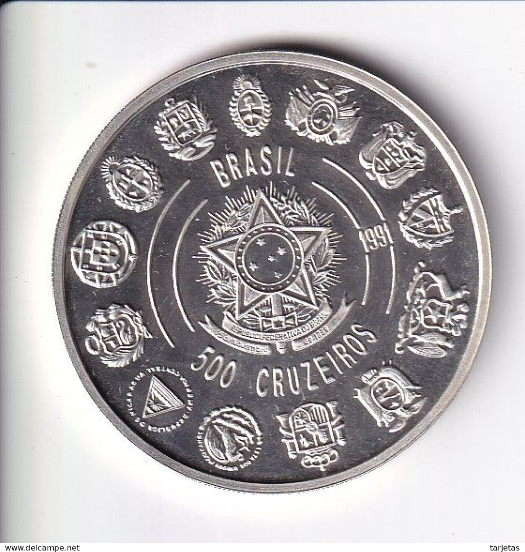 MONEDA PLATA DE BRASIL DE 500 CRUZEIROS DEL AÑO 1991 ENCUENTRO ENTRE DOS MUNDOS (COIN)(SILVER-ARGENT) - Ecuador