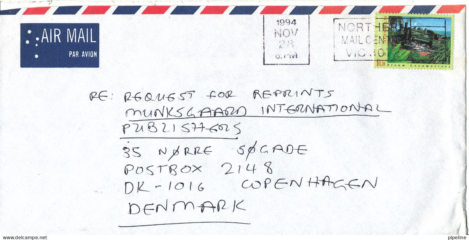 Australia Air Mail Cover Sent To Denmark Ivanhoe 28-11-1994 Single Franked - Covers & Documents