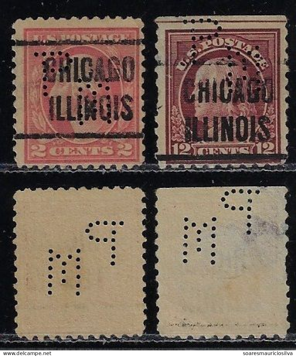 USA United States 1908/1933 2 Precancel Stamp Perfin PM By Popular Mechanics From Chicago Illinois Lochung Perfore - Zähnungen (Perfins)