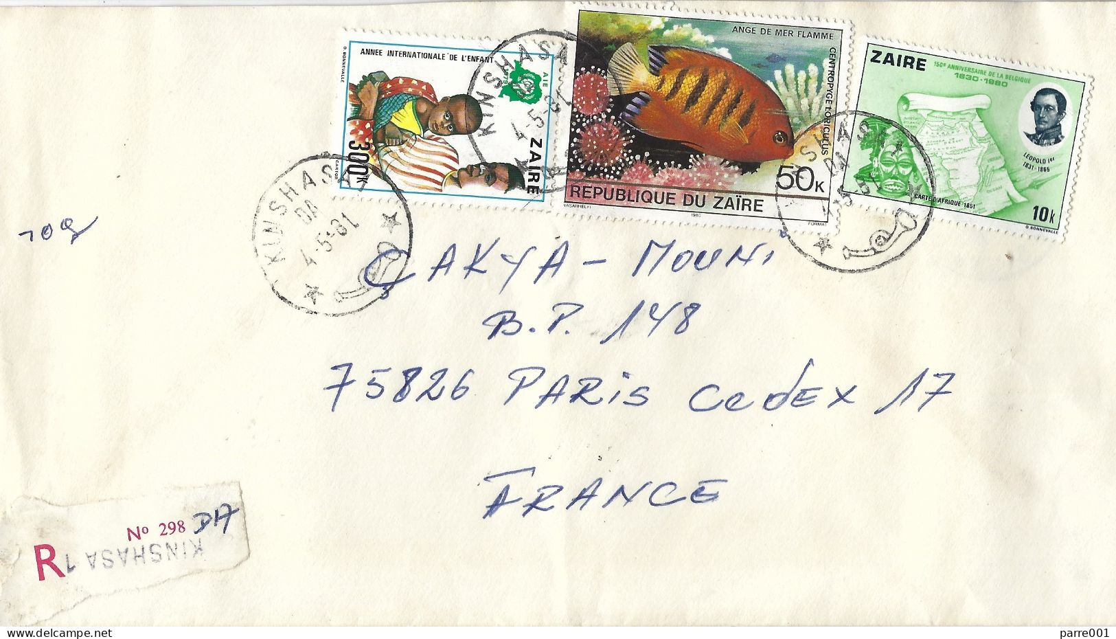 Zaire DRC Congo 1981 Kinshasa Map Leopold I Flame Angelfish International Child Year ICY Registered Cover - Briefe U. Dokumente