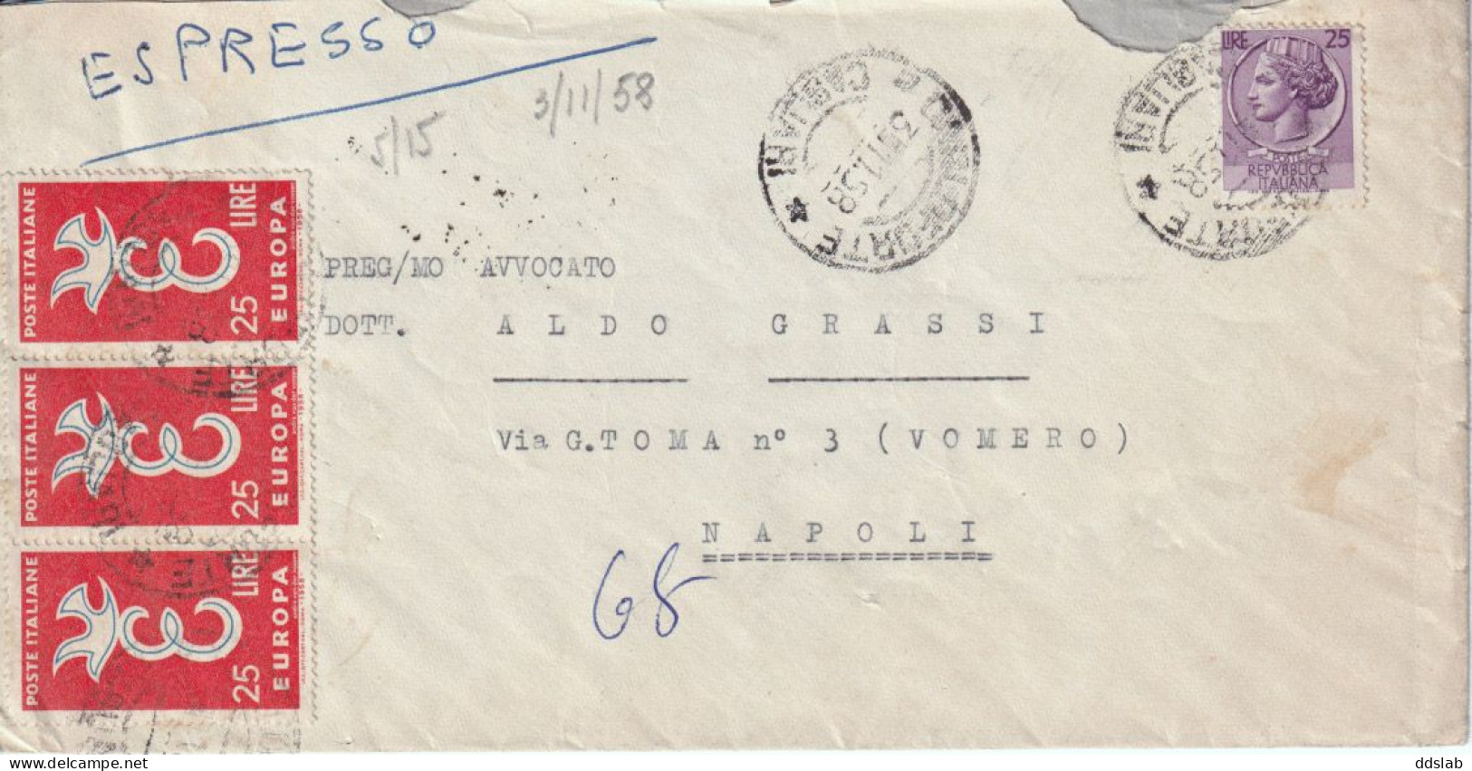 3/11/1958 - Espresso Da Carloforte (Cagliari) A Napoli - Affr. Striscia 3 X 25L Europa + 25L Siracusana - Correo Urgente/neumático