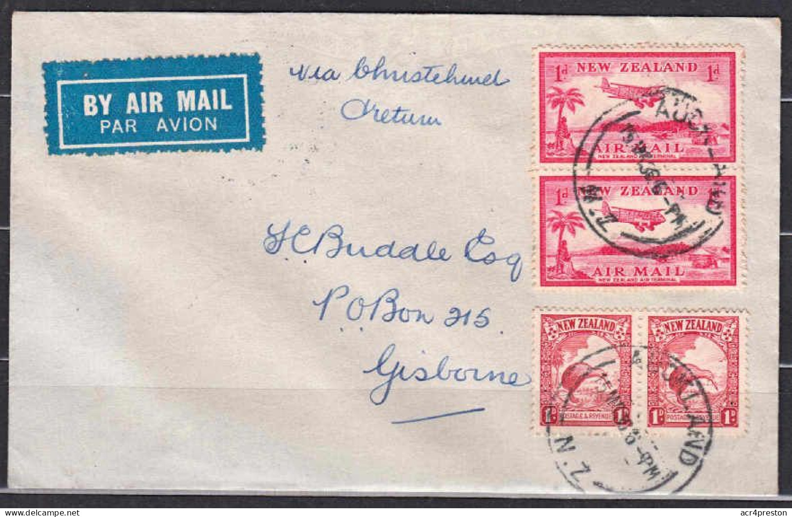 E0203 NEW ZEALAND 1938, Airmail Auckland To Gisborne, With Palmerston And Christchurch Backstamps - Cartas & Documentos