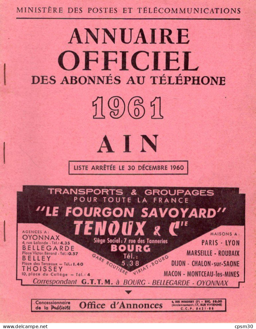 ANNUAIRE - 01 - Département Ain - Année 1961 - Annuaire Officiel Des Postes - 116 Pages - Telefonbücher