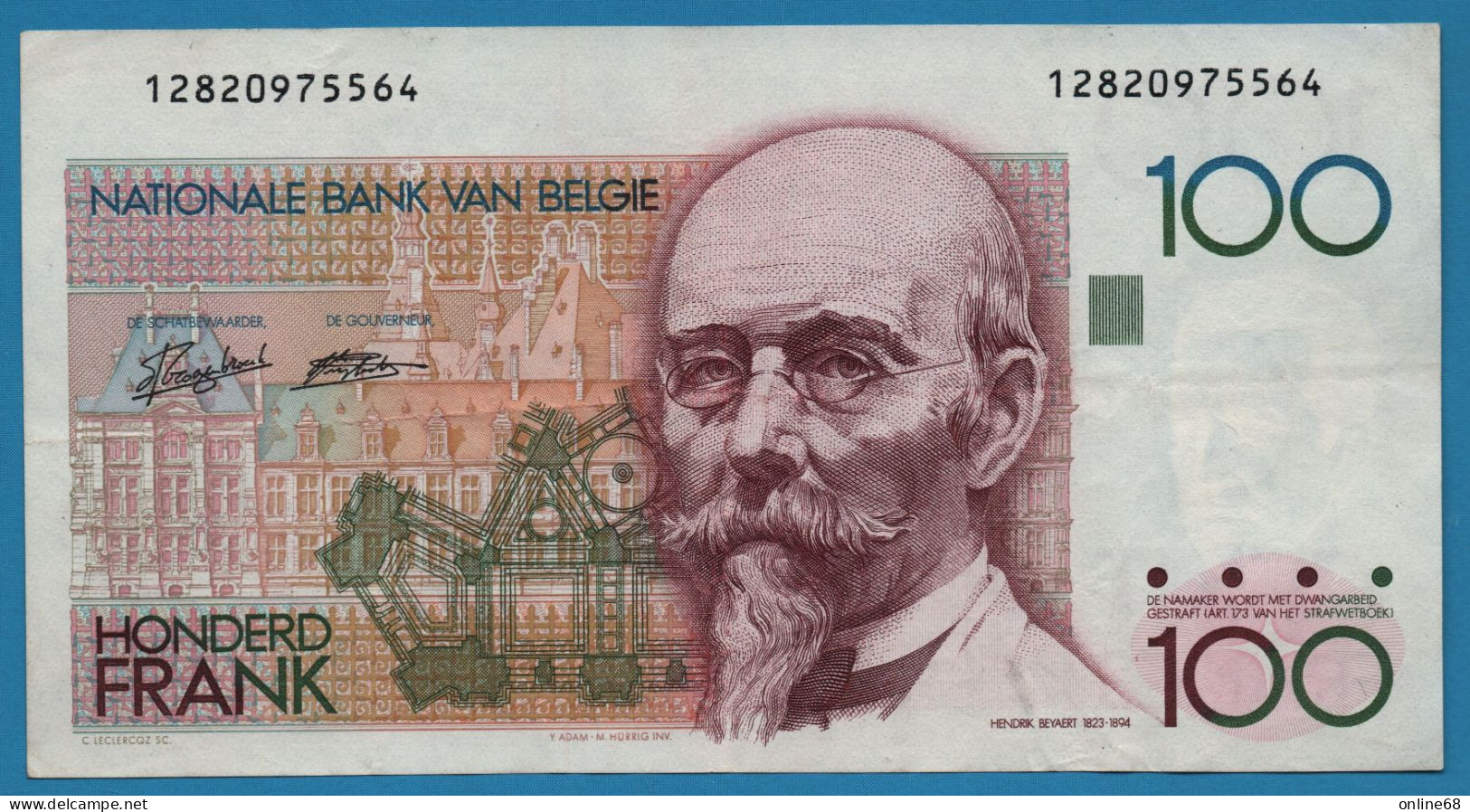 BELGIQUE 100 FRANCS ND (1982-1994) # 12820975564 P# 142a Hendrik Beyaert Signatures: Van Droogenbroeck & Verplaetse - 100 Francos