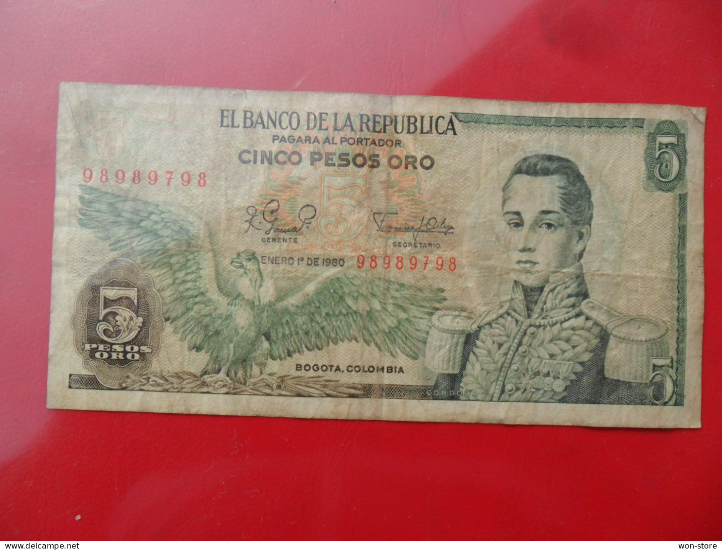 2959 - Colombia 5 Pesos Oro 1980 - Interesting Numbers 98989798 - Colombia