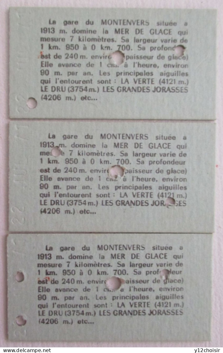 3 TICKETS TICKET 1971 CHAMONIX MONT BLANC MONTENVERS ALLER-RETOUR PLEIN TARIF HAUTE SAVOIE - Europe