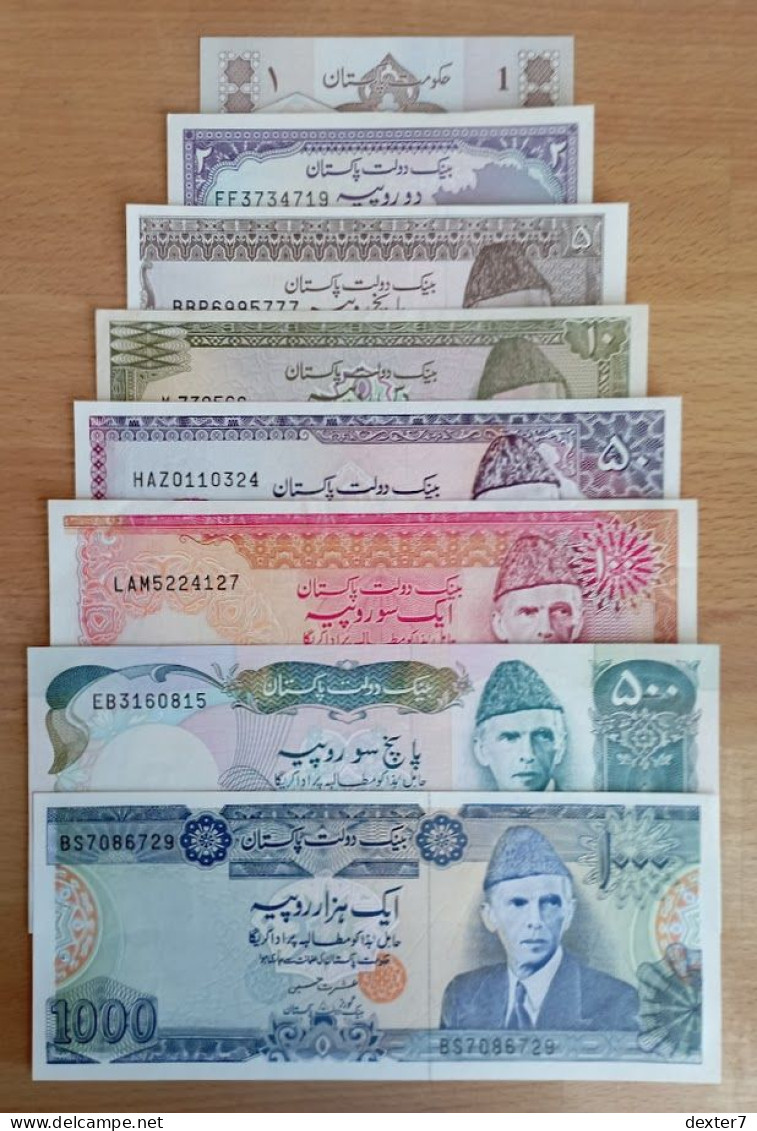 Pakistan COMPLETE LOT 1 5 10 20 50 100 500 1000 Rupee UNC 1986 (10 Rupee Non UNC) - Pakistan