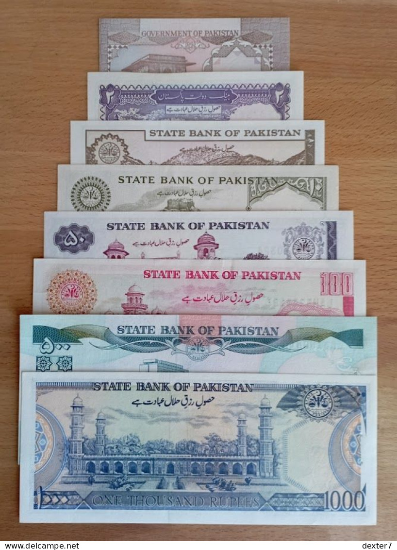 Pakistan COMPLETE LOT 1 5 10 20 50 100 500 1000 Rupee UNC 1986 (10 Rupee Non UNC) - Pakistan