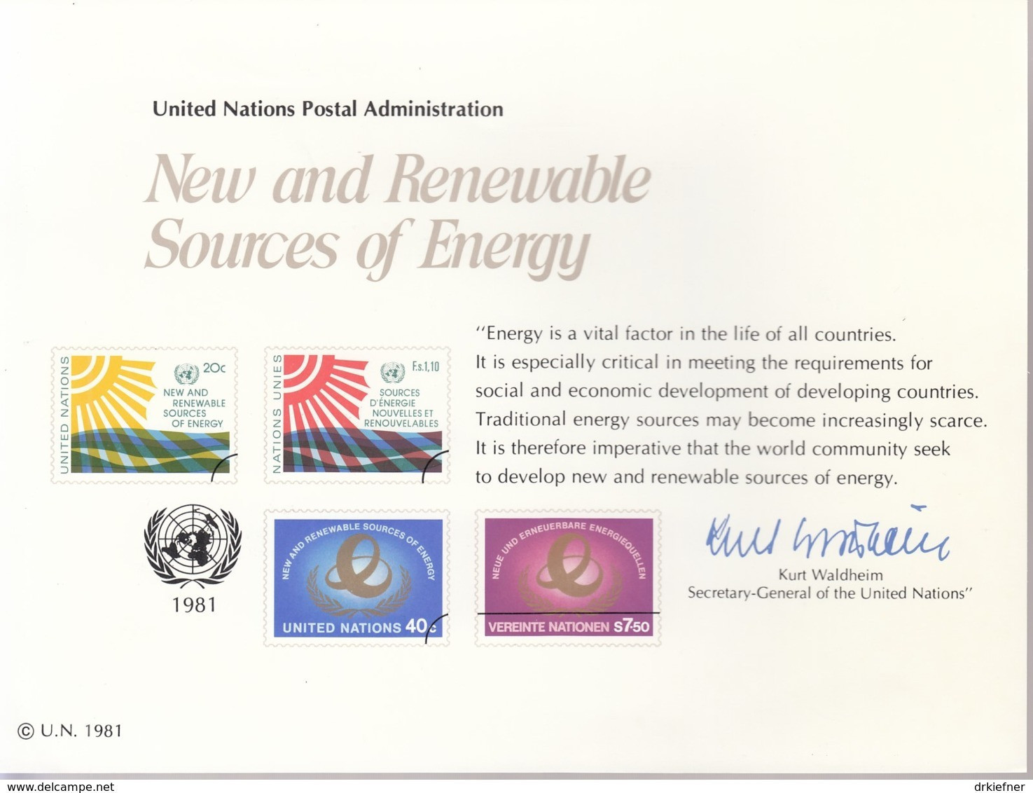 UNO NEW YORK, Erinnerungskarte EK 20, Erneuerbare Energien 1981 - Lettres & Documents