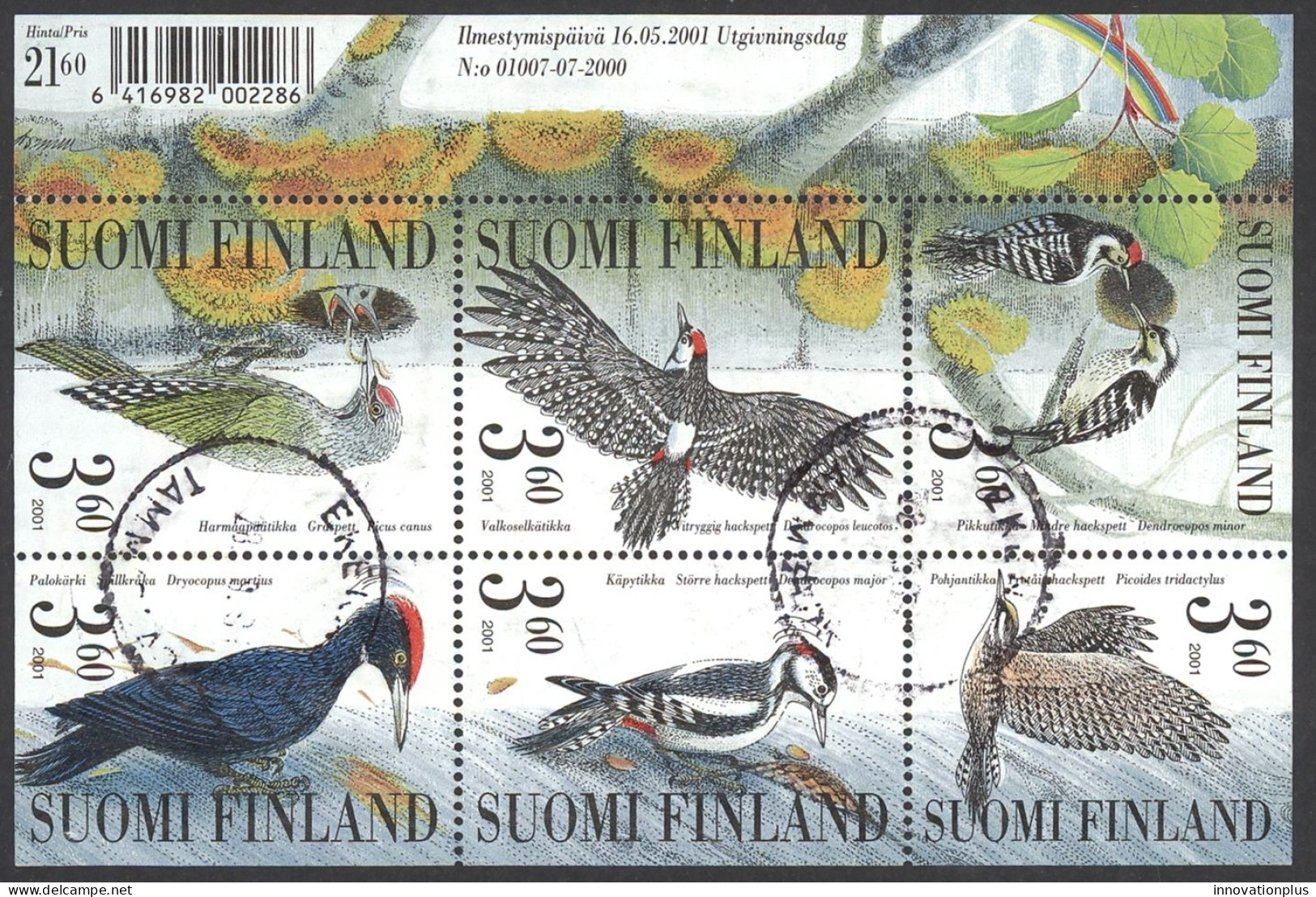 Finland Sc# 1156 Used Sheet/6 (b) 2001 Woodpeckers - Used Stamps