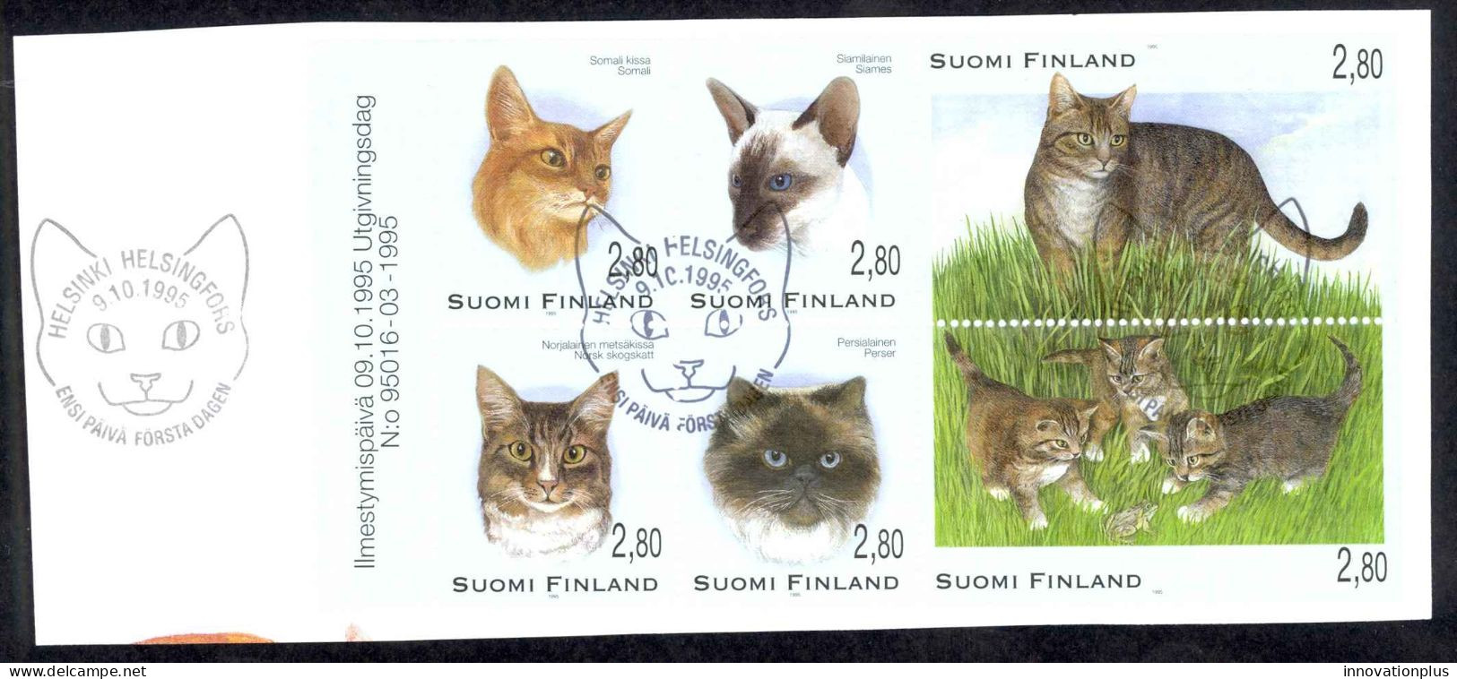 Finland Sc# 977a FD Cancel Booklet Pane 1995 Cats - Usados