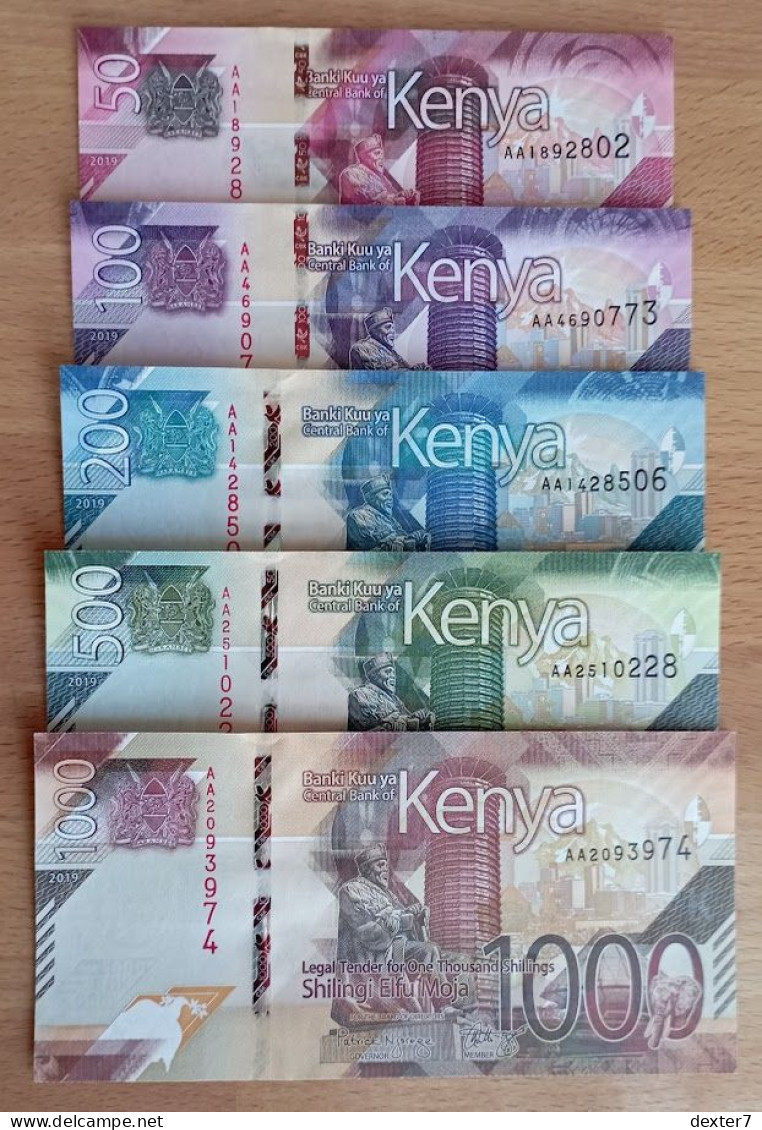 Kenia COMPLETE SET 50 100 200 500 1000 Shillings 2019 UNC Lot 5x - Kenia