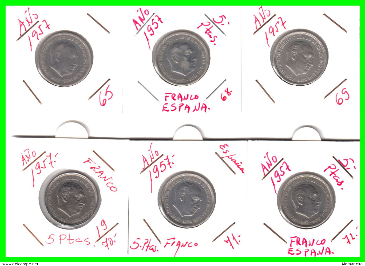 ESPAÑA ( EUROPA ) 6 MONEDAS DE 5 PESETAS DEL AÑO 1957 *61-65-68-69-70-71-Y-72* DEL GENERAL FRANCO - 5 Pesetas