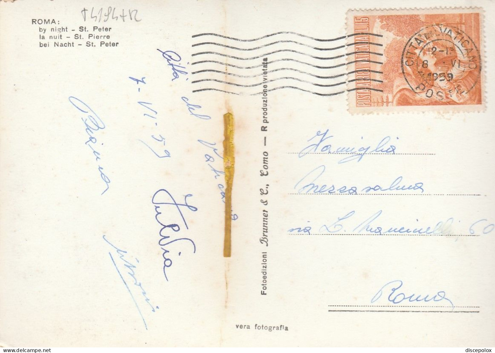 T4194 Roma - Vaticano - Notturno Di Piazza San Pietro - Storia Postale - 15 Lire Posta Aerea / Viaggiata 1959 - Briefe U. Dokumente