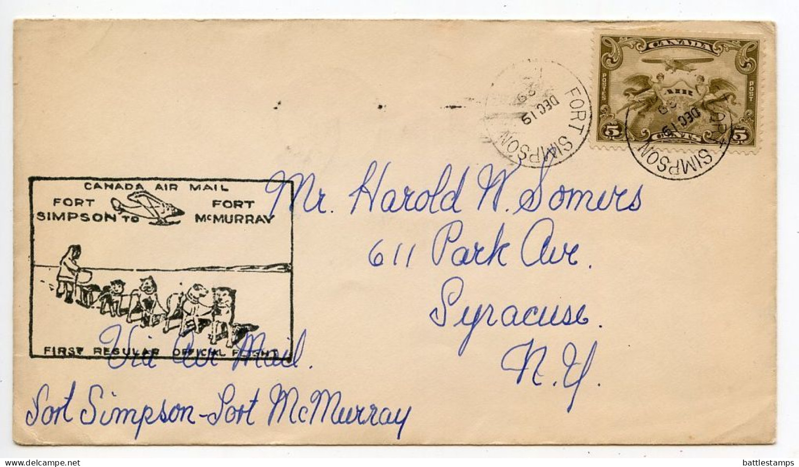 Canada 1929 First Flight Cover - Fort Simpson, NWT To Fort McMurray, Alberta; Scott C1 - 5c. Airmail Stamp - Primeros Vuelos