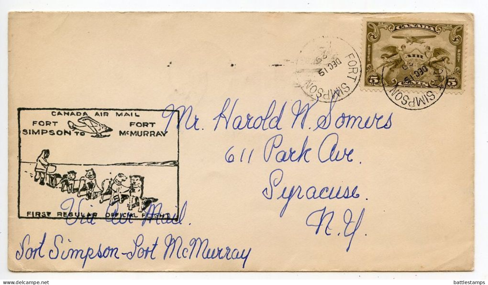 Canada 1929 First Flight Cover - Fort Simpson, NWT To Fort McMurray, Alberta; Scott C1 - 5c. Airmail Stamp - Erst- U. Sonderflugbriefe