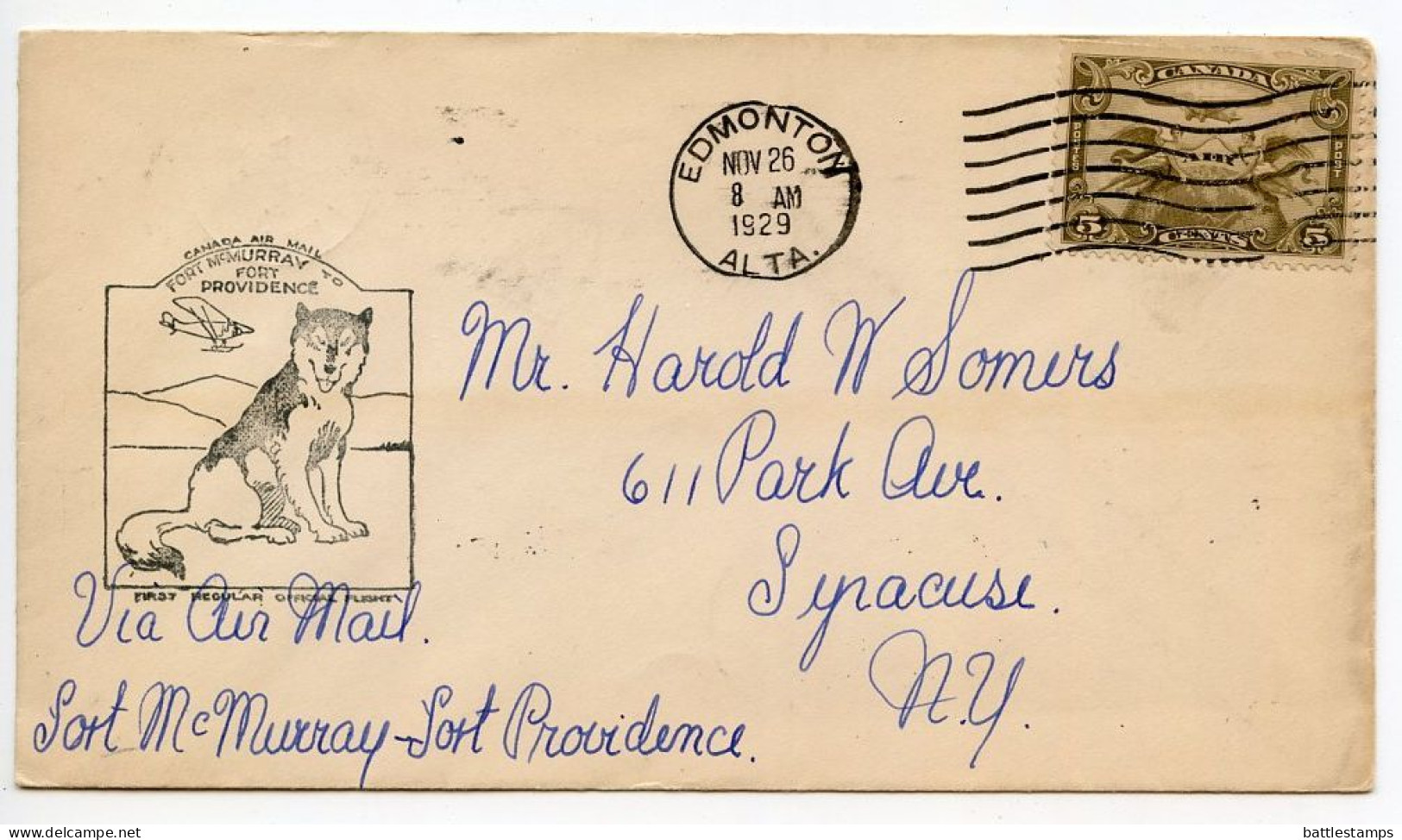 Canada 1929 First Flight Cover - Fort McMurray, Alberta To Fort Providence, NWT; Scott C1 - 5c. Airmail Stamp - Primeros Vuelos