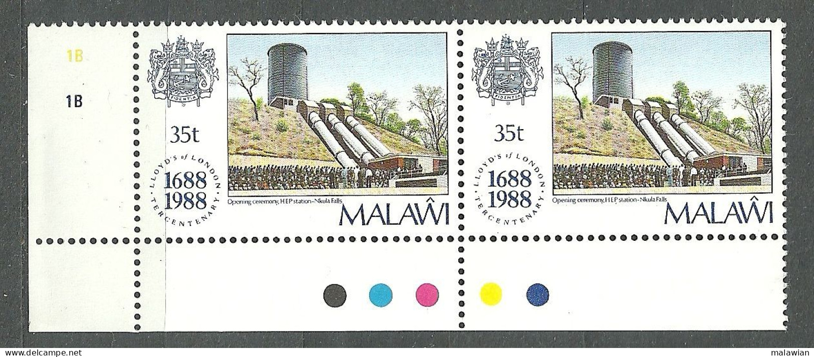 Malawi, 1988 (#518g), Lloyd's Of London England British Insurance Hydroelectric Power Station Nkula Waterfall Dam Indust - Usines & Industries