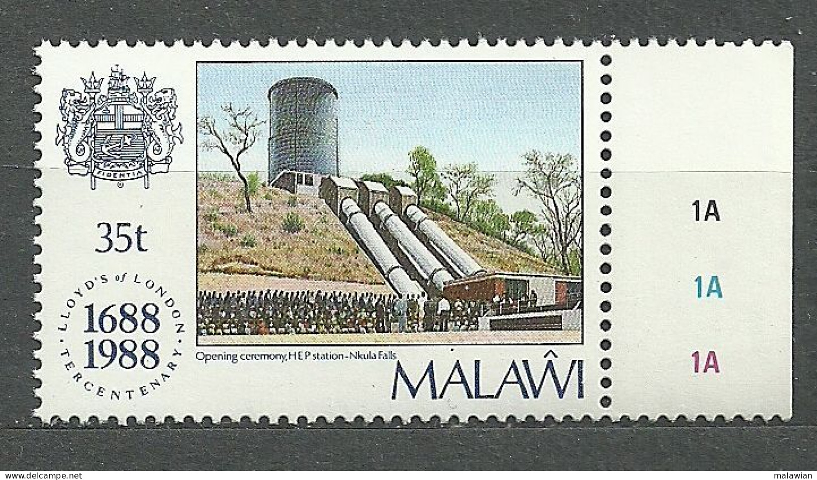 Malawi, 1988 (#518c), Lloyd's Of London England British Insurance Hydroelectric Power Station Nkula Waterfall Dam Indust - Usines & Industries