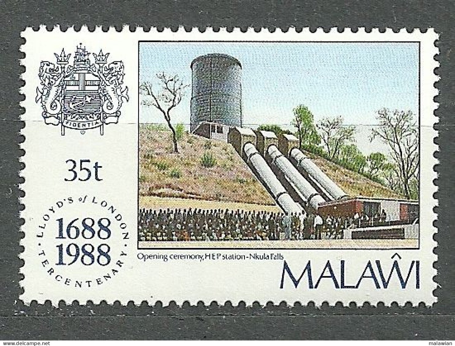 Malawi, 1988 (#518a), Lloyd's Of London England British Insurance Hydroelectric Power Station Nkula Waterfall Dam Indust - Usines & Industries