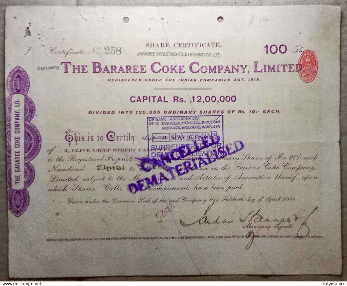 INDIA 1918 THE BARAREE COKE COMPANY LIMITED..... SHARE CERTIFICATE - Landwirtschaft