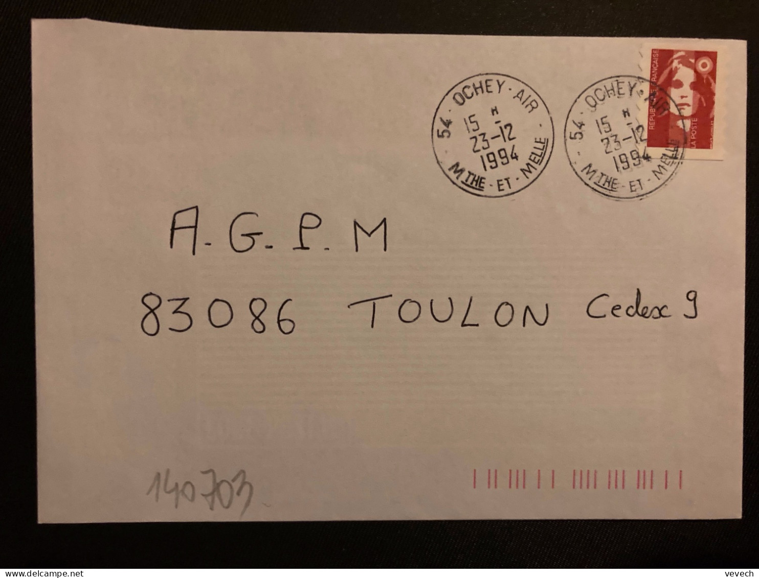 LETTRE TP M DE BRIAT TVP ROUGE OBL.23-12 1994 54 OCHEY AIR MTHE ET MELLE - Military Airmail