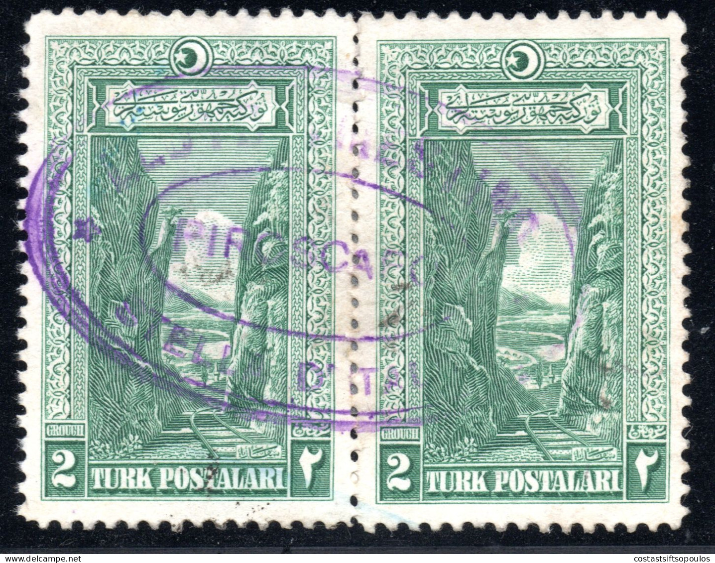 1849.TURKEY 1926 2g REJOINED PAIR. LLOYD TRIESTINO PIROSCAFO STELLA D' ITALIA MARITIME CANCEL - Used Stamps