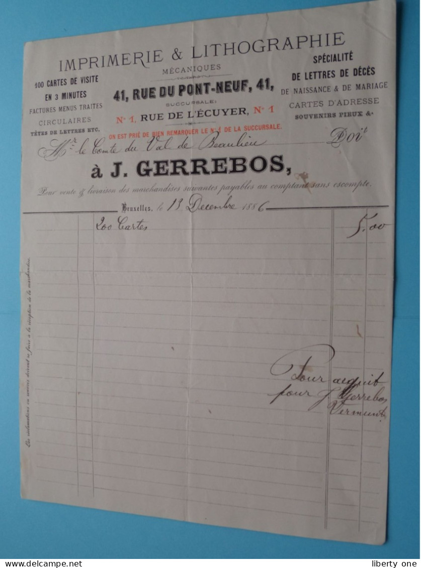 J. GERREBOS Imp. & Lithographie ( BRUXELLES ) Belgique ( Voir SCANS ) Facture 1886 > Comte Du Val De Beaulieu ! - 1800 – 1899