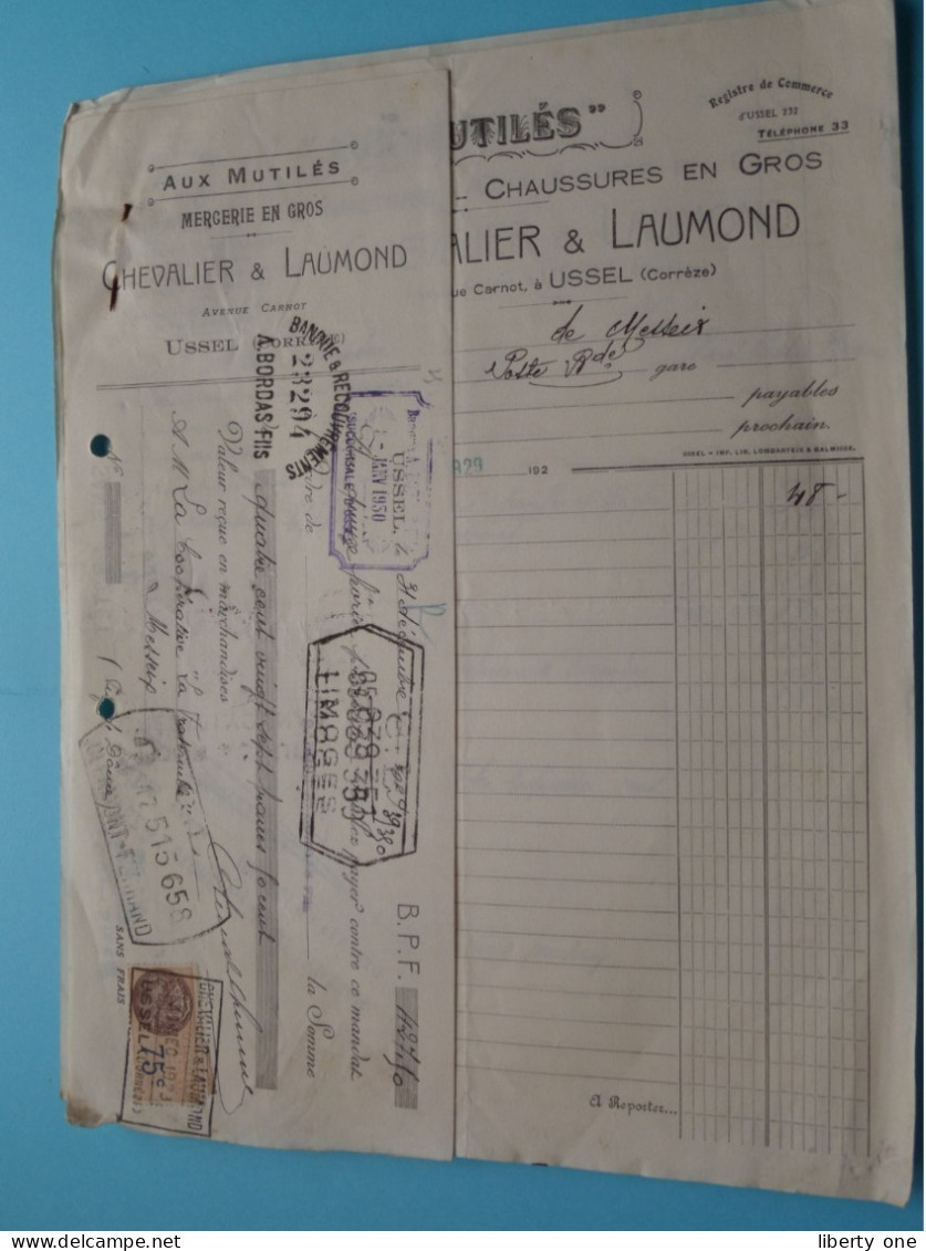 CHEVALIER & LAUMOND Mercerie En Gros ( USSEL Corrèze ) France ( Voir SCANS ) 3 Facture + Reçu > 1929 ! - 1900 – 1949
