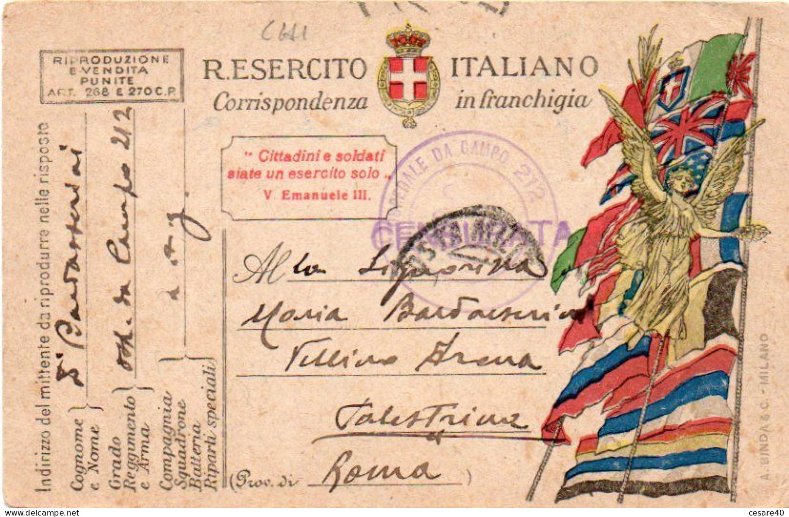 ITALIA - CARTOLINA POSTALE  In Franchigia, Ospedale Da Campo 212 - Viag.1918 - AG-2023-42 - Postwaardestukken