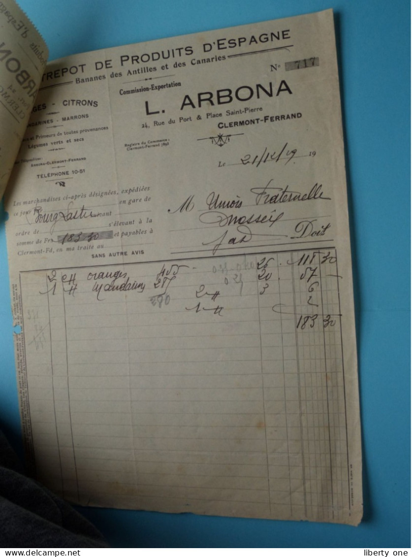 L. ARBONA Produits D'Espagne ( Clermont-Ferrand ) France ( Voir SCANS ) Facture + Reçu > 1929 ! - 1900 – 1949