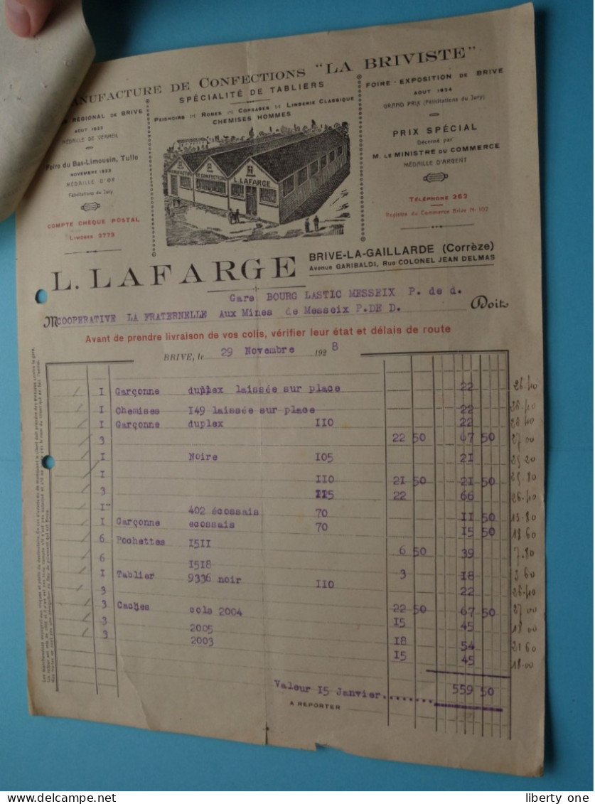 L. LAFARGE Confections " La BRIVISTE " ( Brive-La-Gaillarde ) France ( Voir SCANS ) Facture + Reçu > 1928 ! - 1900 – 1949