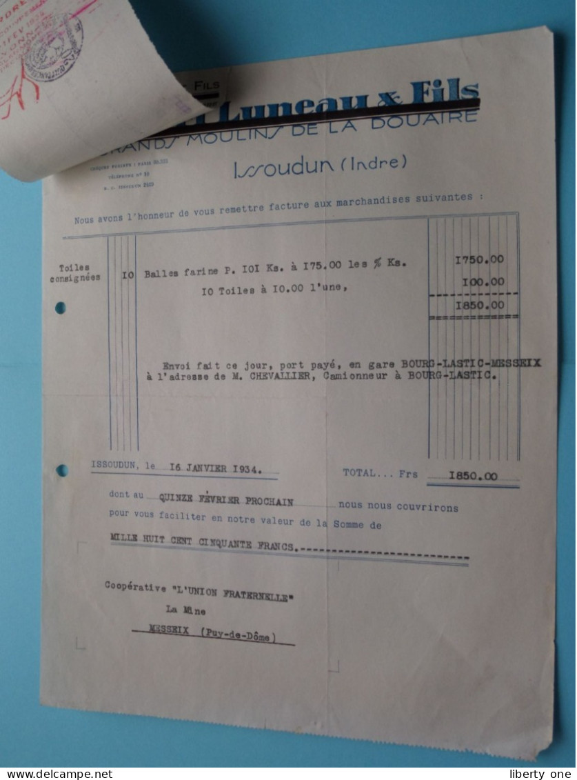Albert LUNEAU Et Fils Grands Moulins De La Douaire ( ISSOUDUN Indre ) France ( Voir SCANS ) Facture + Reçu > 1934 ! - 1900 – 1949