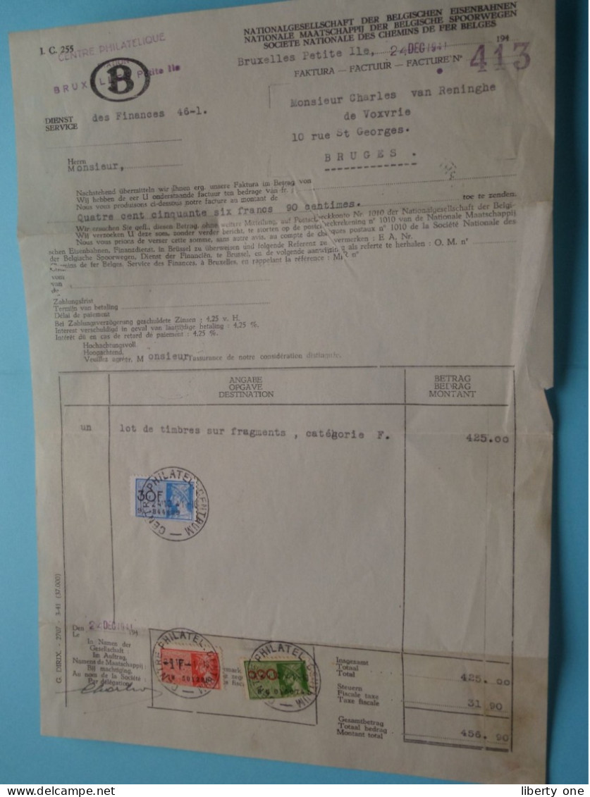 Belgische SPOORWEGEN - Centre Philatélique CHEMIN De FER Facture 1941 ( > Mr. Charles Van RENINGHE De VOXVRIE Bruges ) - Documenten & Fragmenten