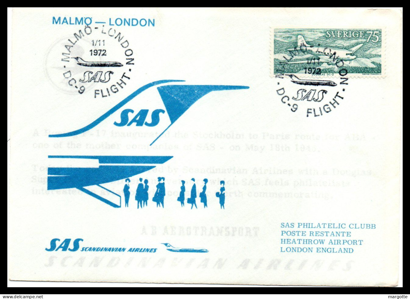 FFC SAS  Malmo-London  01/11/1972 - Covers & Documents