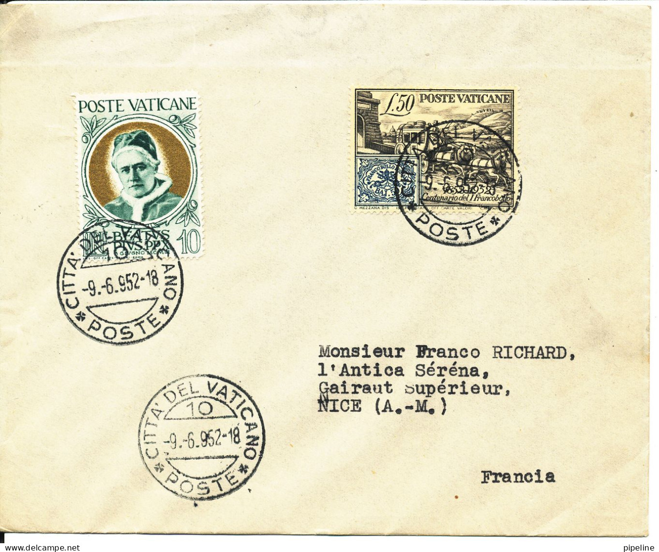 Vatican Cover Sent To France 9-6-1952 - Covers & Documents