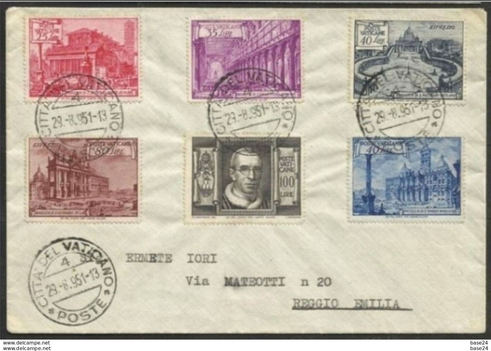 1949 Vaticano Vatican Storia Postale BASILICHE ROMANE Serie Di 12 Valori Su 2 Buste Città Vaticano Reggio Emilia - Covers & Documents