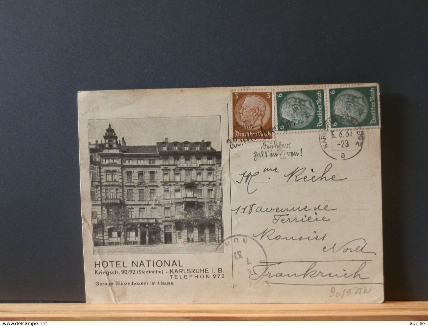 90/575W    CP ALLEMAGNE 1937 POUR LA FRANCE - Postal  Stationery