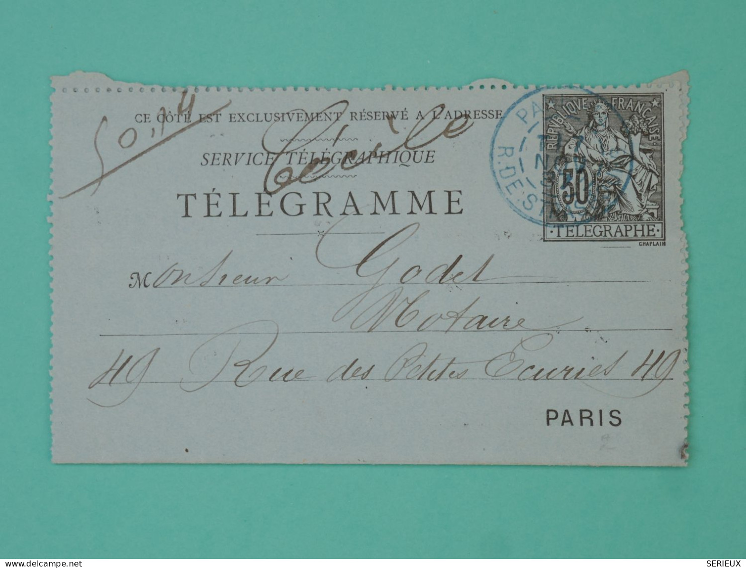 DB22 FRANCE   BELLE CARTE TELEGRAMME   1891 PARIS + AFFR. BLEU NTERESSANT++ - Pneumatic Post