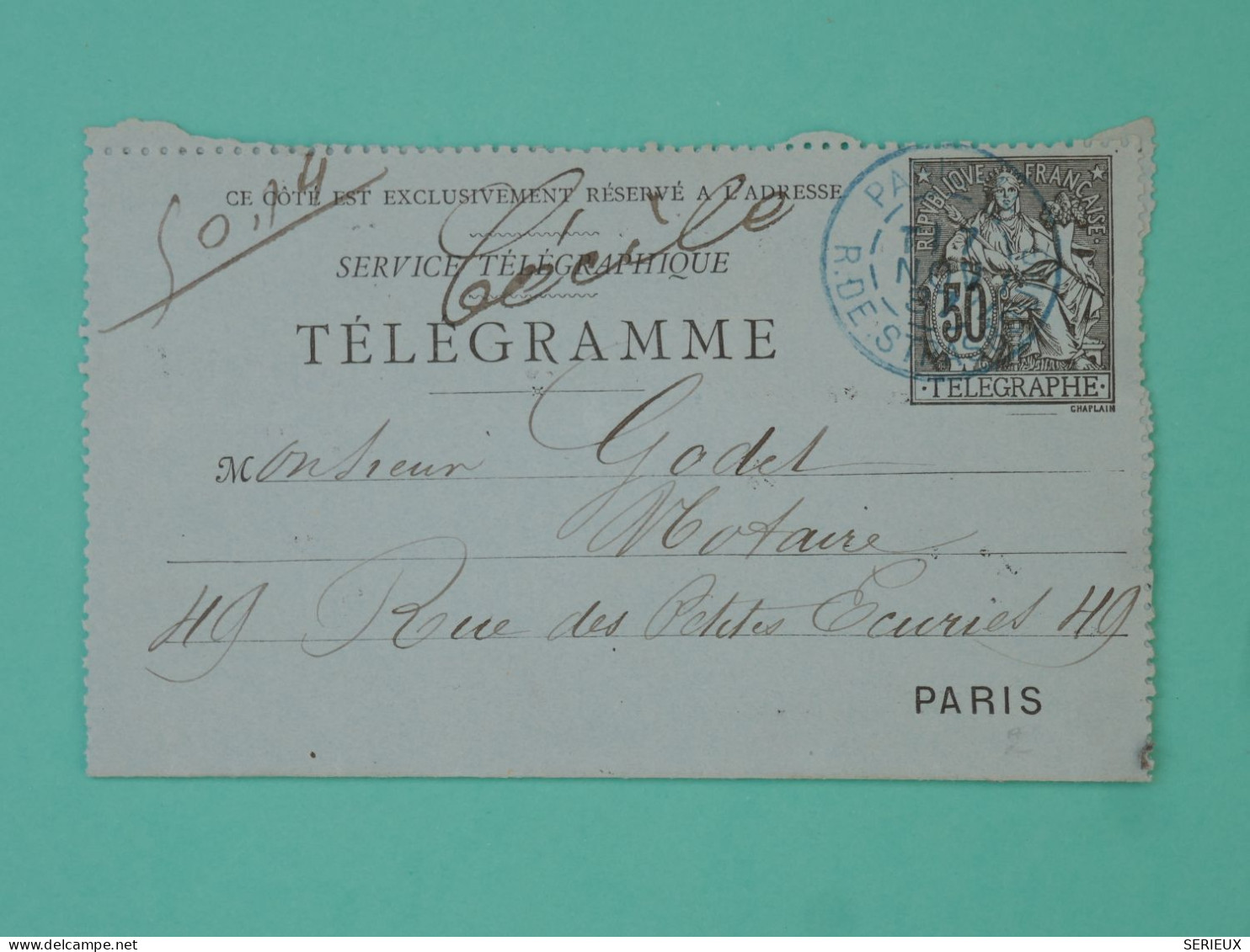 DB22 FRANCE   BELLE CARTE TELEGRAMME   1891 PARIS + AFFR. BLEU NTERESSANT++ - Neumáticos