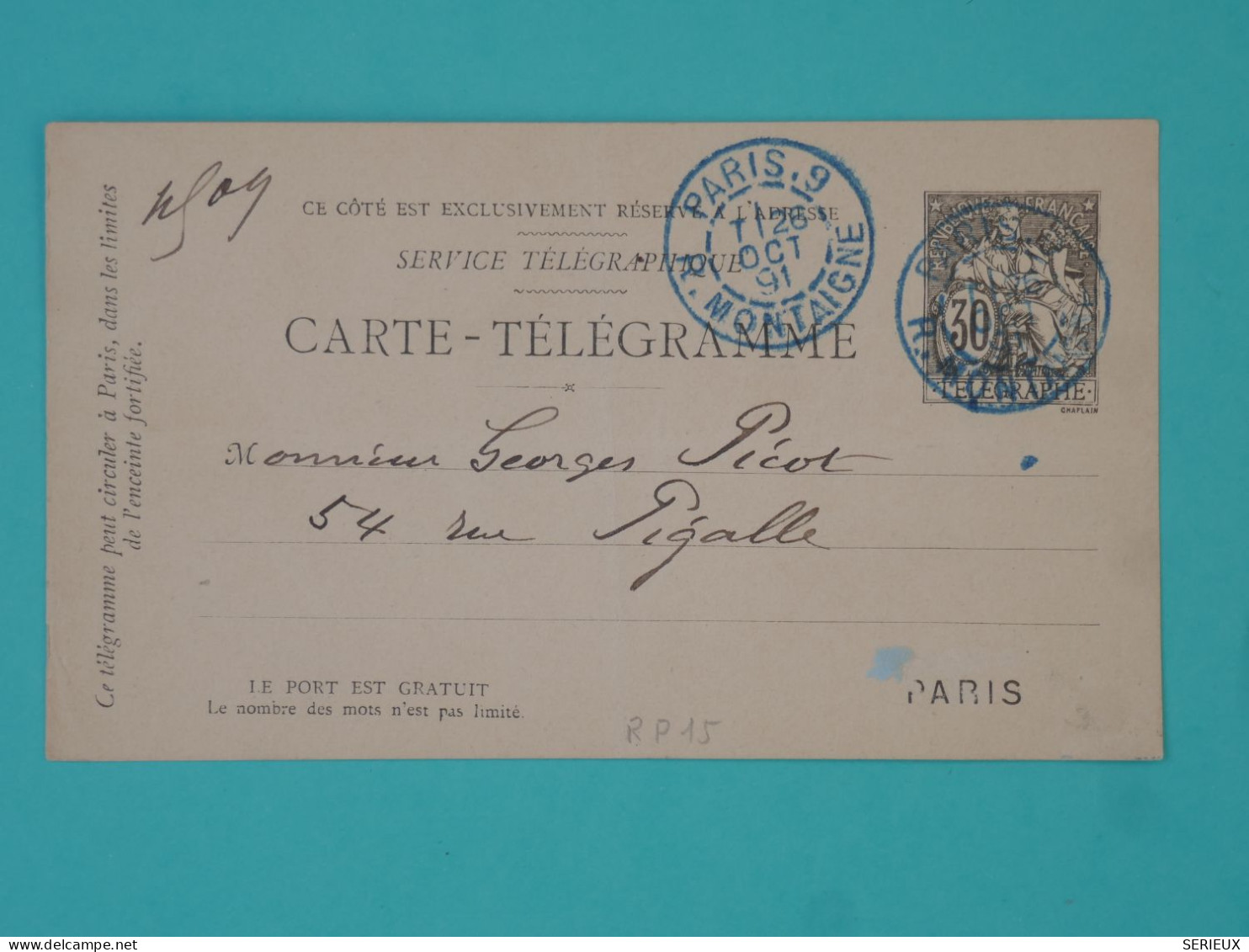 DB22 FRANCE   BELLE CARTE TELEGRAMME   1891 PARIS + AFFR. BLEU INTERESSANT++ - Pneumatici