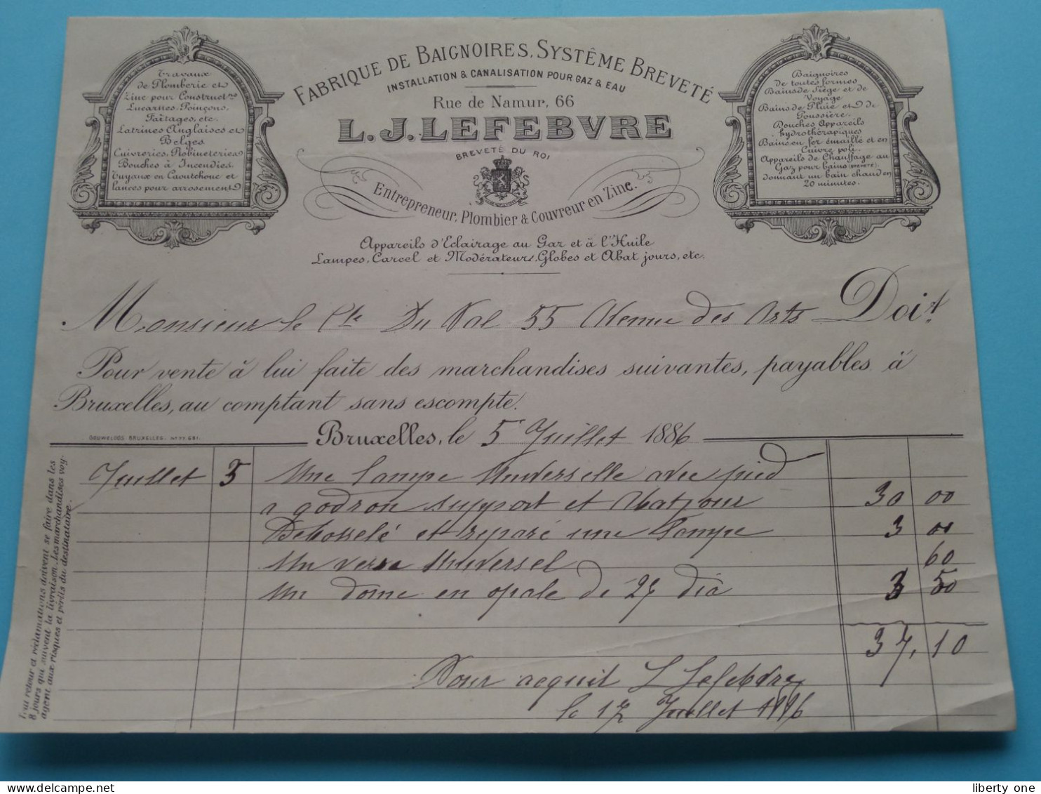 L. J. LEFEBVRE Bruxelles Fabrique De Baignoires ( Zie / Voir SCANS ) Facture - 1886 >> Mr. Le Comte DUVAL De BEAULIEU ! - 1800 – 1899