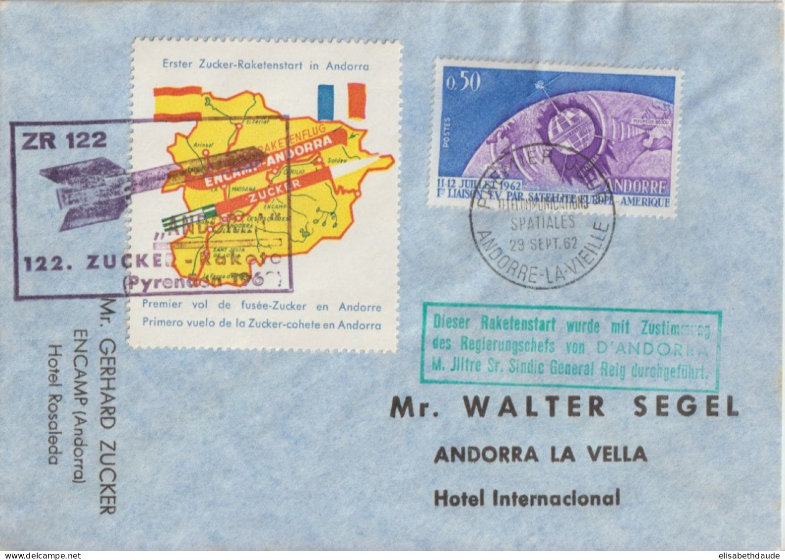 1962 - ANDORRE - ESSAI VOL FUSEE "ZUCKER" ZUCKER-RAKETE) - VIGNETTE Sur ENVELOPPE FDC - Brieven En Documenten