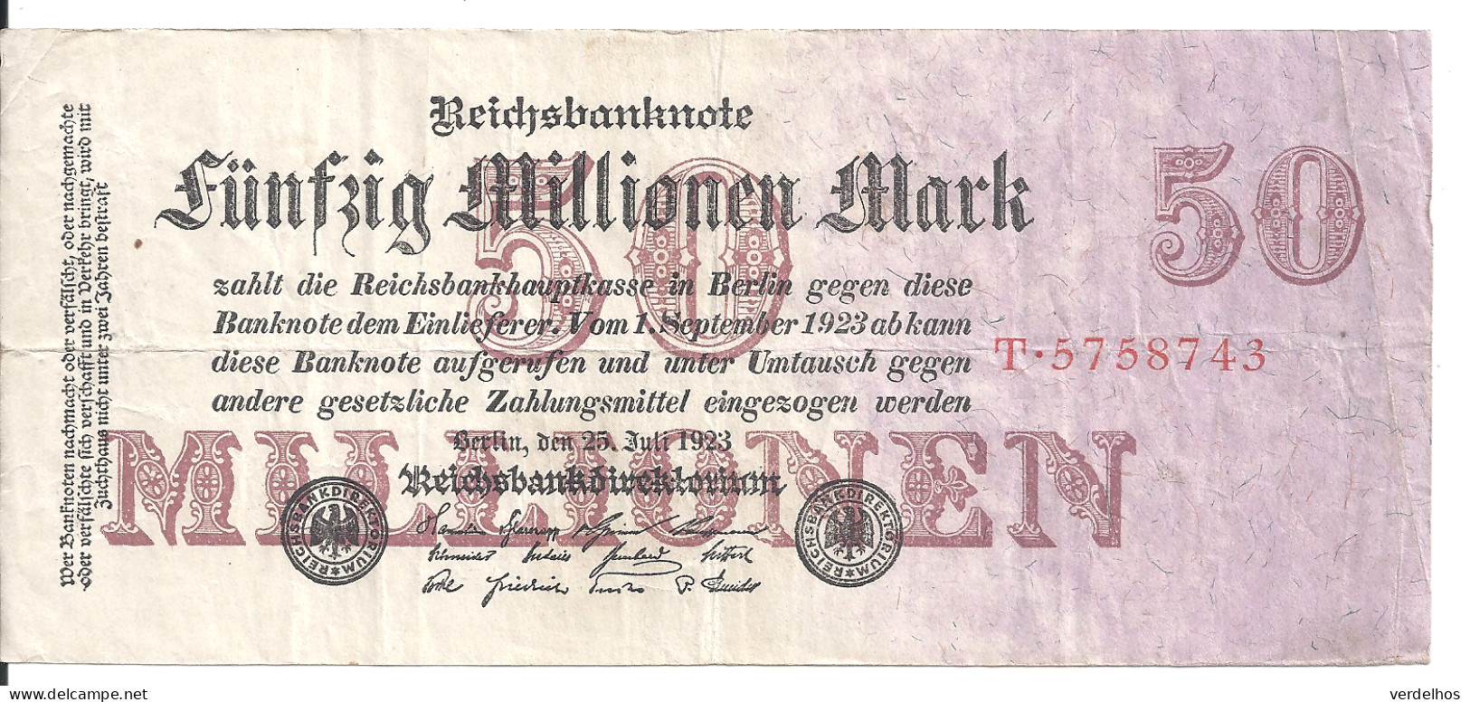 ALLEMAGNE 50 MILLIONEN MARK 1923 VF P 98 - 50 Miljoen Mark