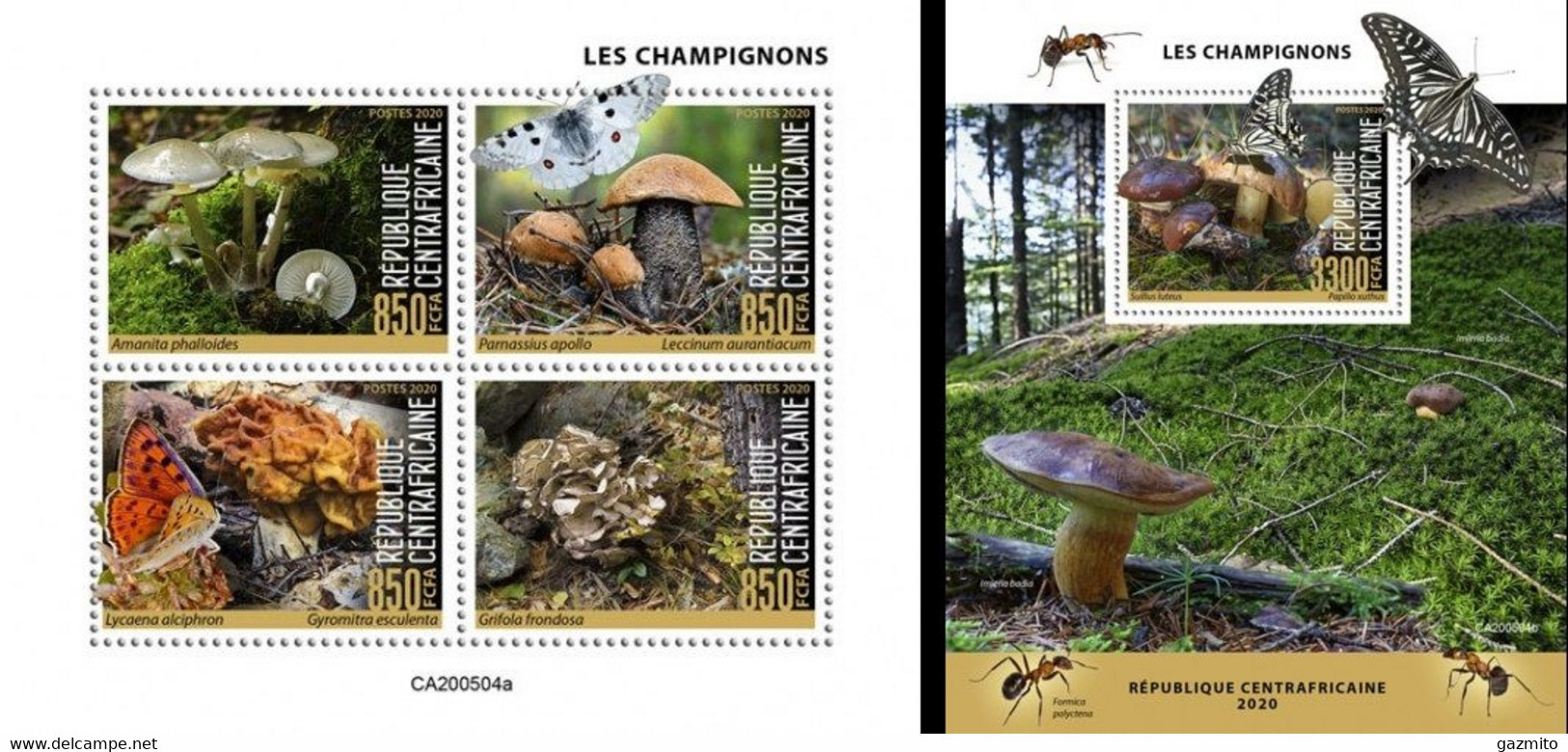 Centrafrica 2020, Mushrooms And Butterfly, 4val In BF +BF - Centrafricaine (République)