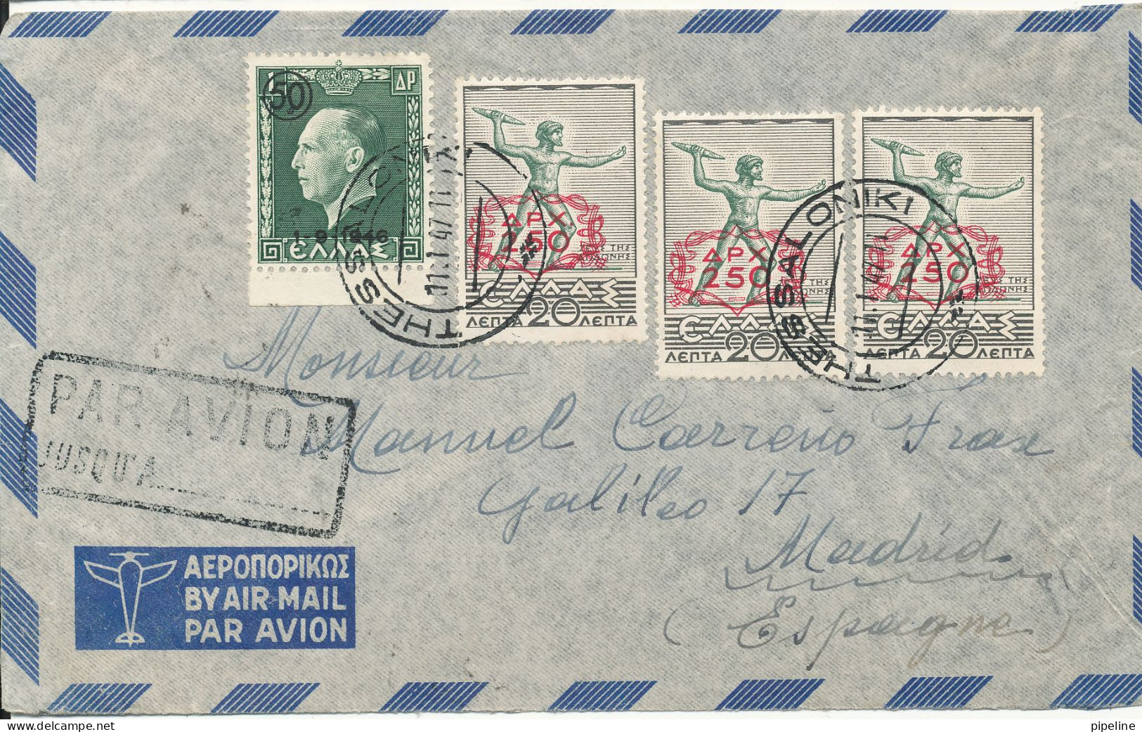 Greece Air Mail Cover Sent To Spain 11-1-1947 - Briefe U. Dokumente