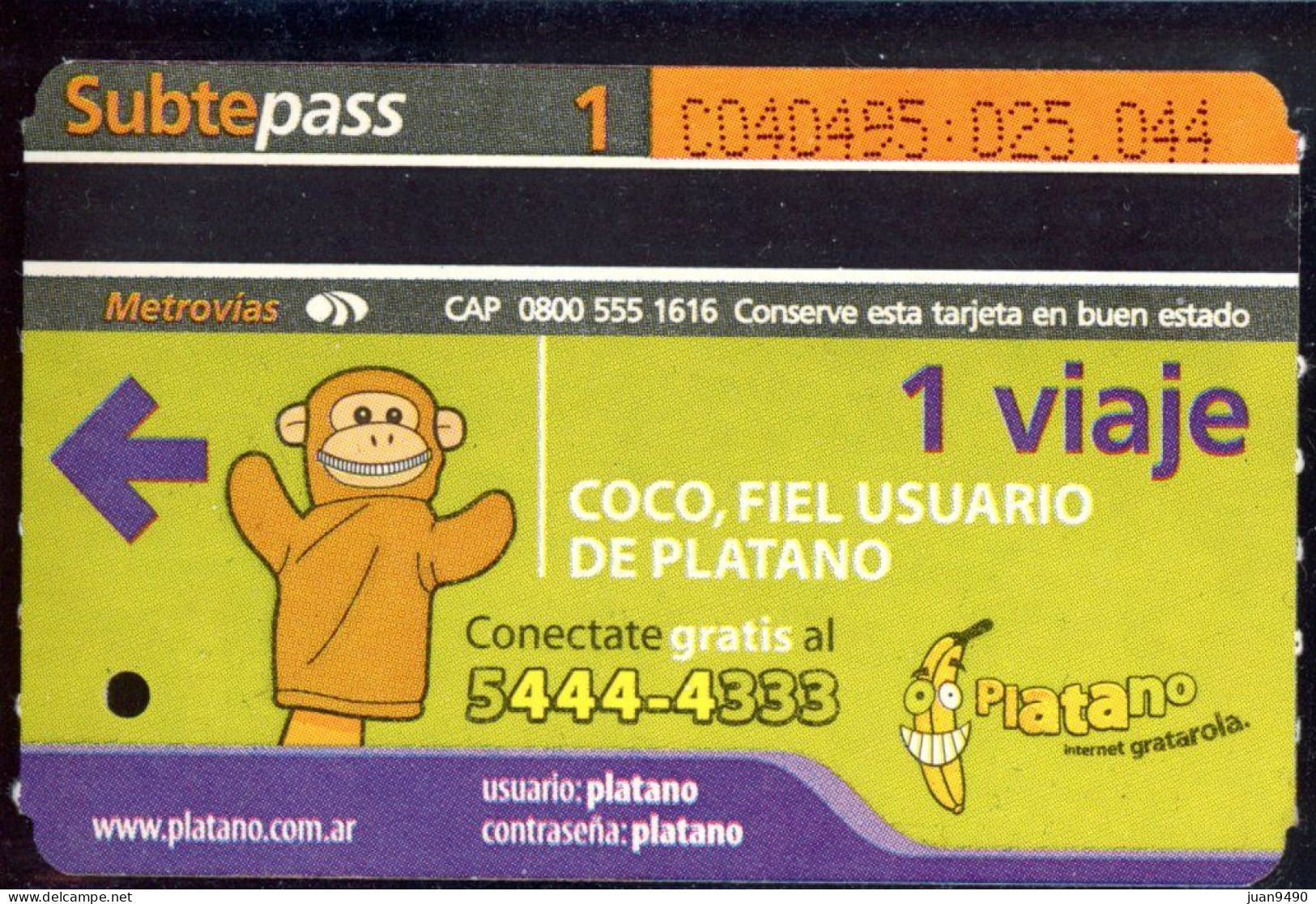 TARJETA DE SUBTEPASS - ARGENTINA / DD.3 - Wereld