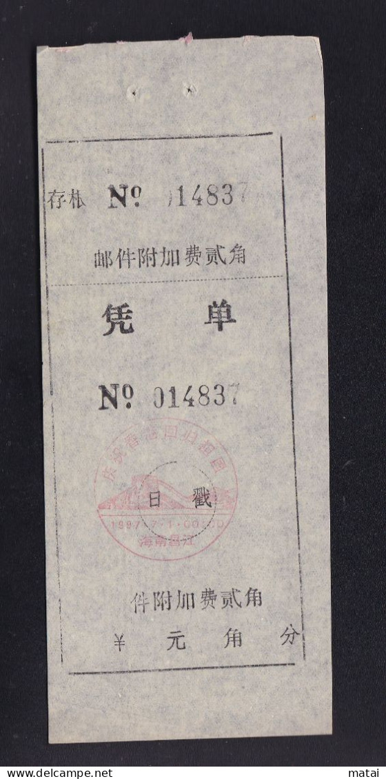 CHINA Changjiang Hainan  Receipt ADDED CHARGE LABEL (ACL)  0.20 YUAN VARIETY Missing Words "邮"Commemorative Postmark - Autres & Non Classés