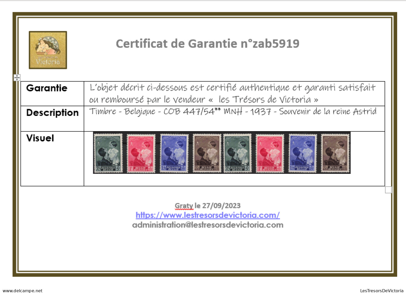 Timbre - Belgique - COB 447/54** MNH - 1937 - Souvenir De La Reine Astrid - Cote 45 - Unused Stamps